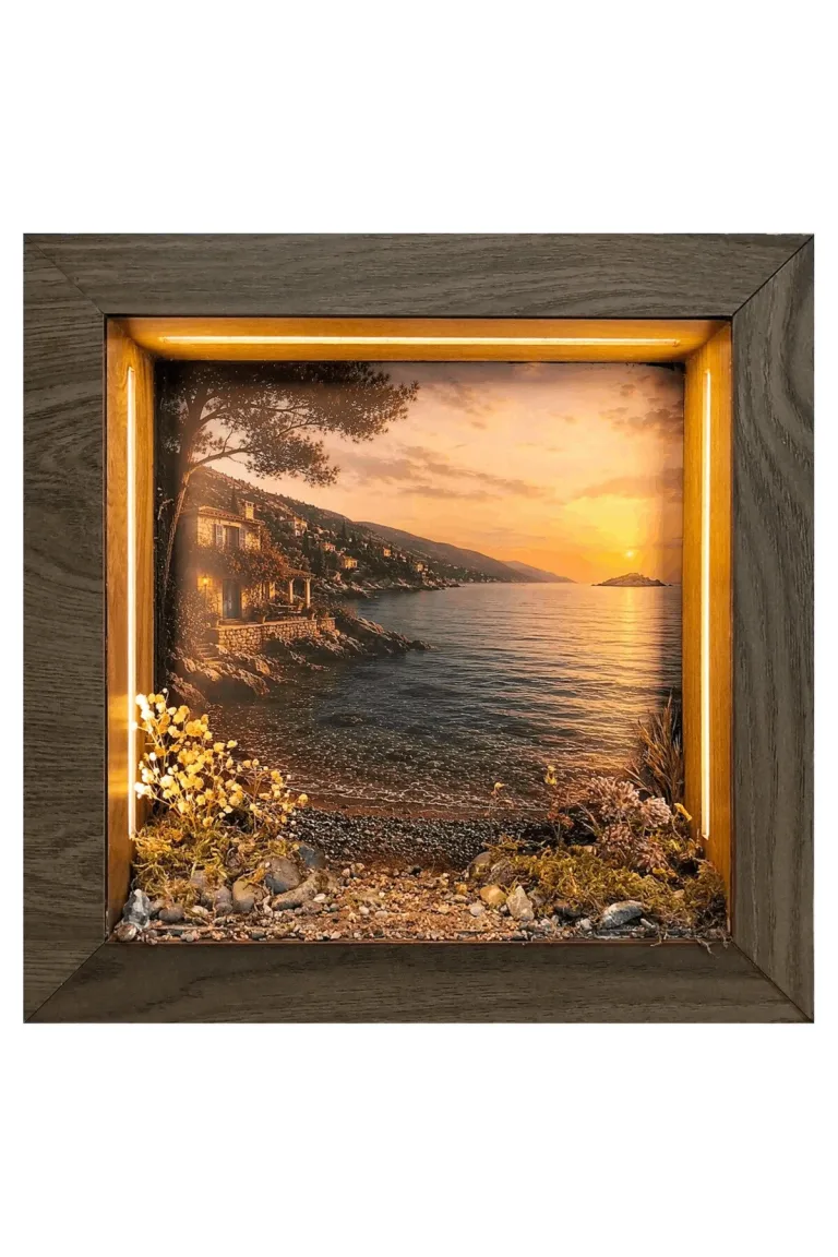 SC001 - Işıklı Dekoratif Çerçeve LED Sahilde Gün Batımı El Yapımı Diorama Obje 38x38x8 cm - el yapımı LED diorama çerçevesi ana görseli