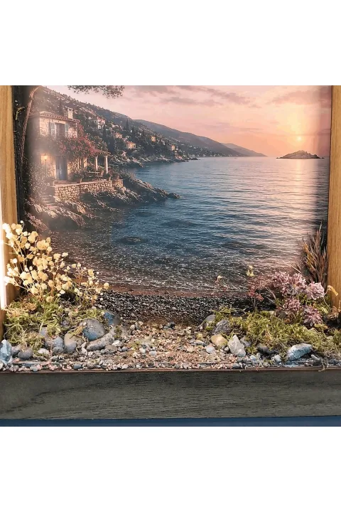 SC001 - Işıklı Dekoratif Çerçeve LED Sahilde Gün Batımı El Yapımı Diorama Obje 38x38x8 cm - yakın plan malzeme ve tasarım detayı