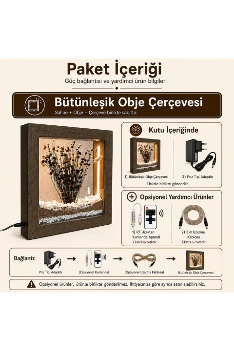 SC006 - Işıklı Dekoratif Çerçeve LED Renkli Kum Katmanlı Kuru Bitki El Yapımı Botanik Obje 25x25x5 cm - paket içeriği ve bağlantı bilgisi