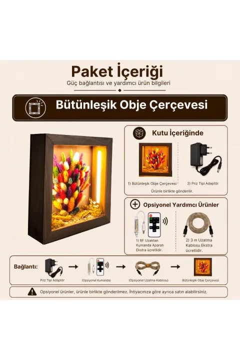 SC008 - Işıklı Dekoratif Çerçeve LED Renkli Kuru Çiçek El Yapımı Botanik Obje 25x25x5 cm - paket içeriği ve bağlantı bilgisi
