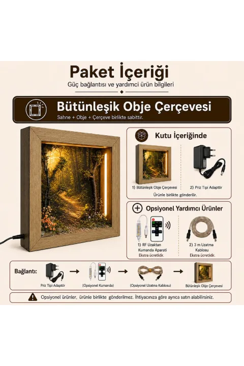 SC003 - Işıklı Dekoratif Çerçeve LED Güneşli Orman Yolu El Yapımı Diorama Obje 38x38x8 cm - paket içeriği ve bağlantı bilgisi