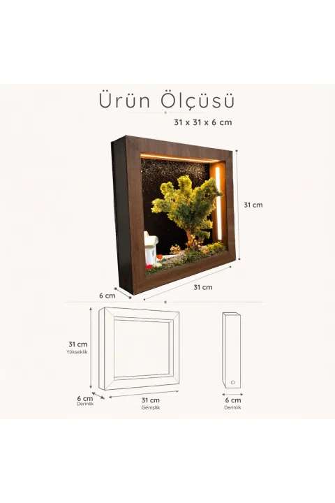 SC010 - Işıklı Dekoratif Çerçeve LED Yıldızlı Gece Ev ve Yosun Ağaç El Yapımı Diorama Obje 31x31x6 cm - ölçü ve ebat bilgisi