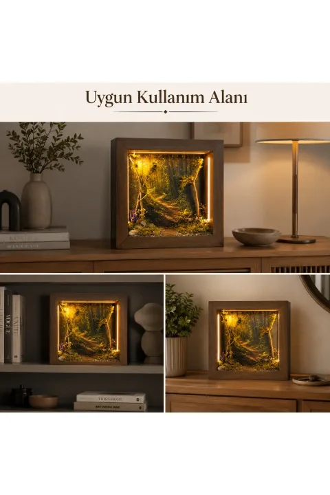 SC003 - Işıklı Dekoratif Çerçeve LED Güneşli Orman Yolu El Yapımı Diorama Obje 38x38x8 cm - farklı kullanım alanları