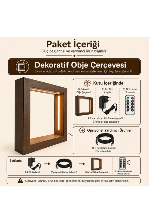 TC007 - Koyu Meşe Desenli L Boy Kumandalı İçi Boş LED Obje Sergileme Çerçevesi - paket içeriği ve bağlantı bilgisi