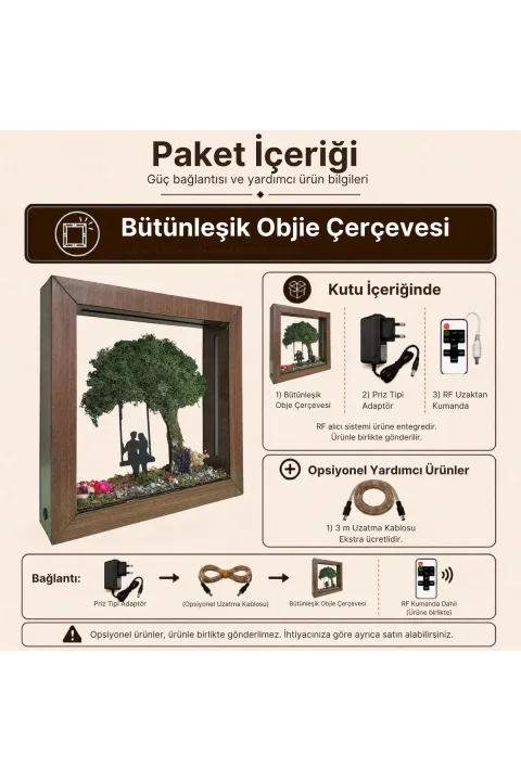 OC003 - Koyu Meşe Desenli M Boy Kumandalı Yosun Ağaçlı Modüler LED Diorama Seti - paket içeriği ve bağlantı bilgisi