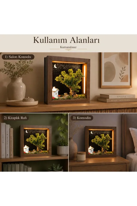 SC010 - Işıklı Dekoratif Çerçeve LED Yıldızlı Gece Ev ve Yosun Ağaç El Yapımı Diorama Obje 31x31x6 cm - farklı kullanım alanları