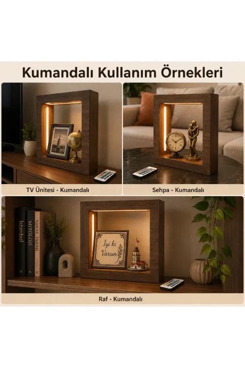 TC009 - Koyu Meşe Desenli M Boy Kumandalı İçi Boş LED Obje Sergileme Çerçevesi - farklı kullanım alanları