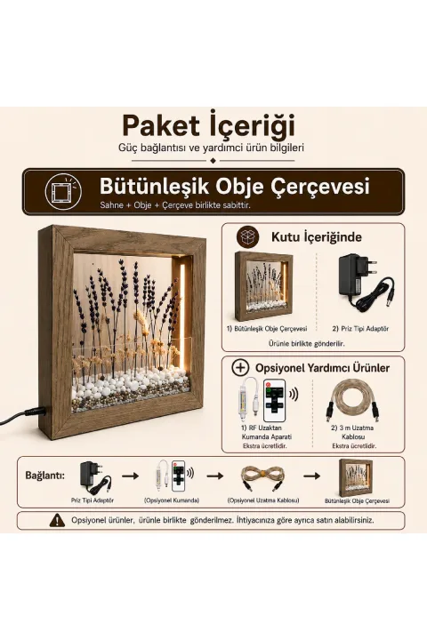 SC005 - Işıklı Dekoratif Çerçeve LED Mor Kuru Bitki El Yapımı Botanik Obje 31x31x6 cm - paket içeriği ve bağlantı bilgisi