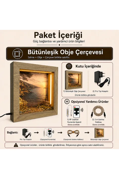 SC001 - Işıklı Dekoratif Çerçeve LED Sahilde Gün Batımı El Yapımı Diorama Obje 38x38x8 cm - paket içeriği ve bağlantı bilgisi