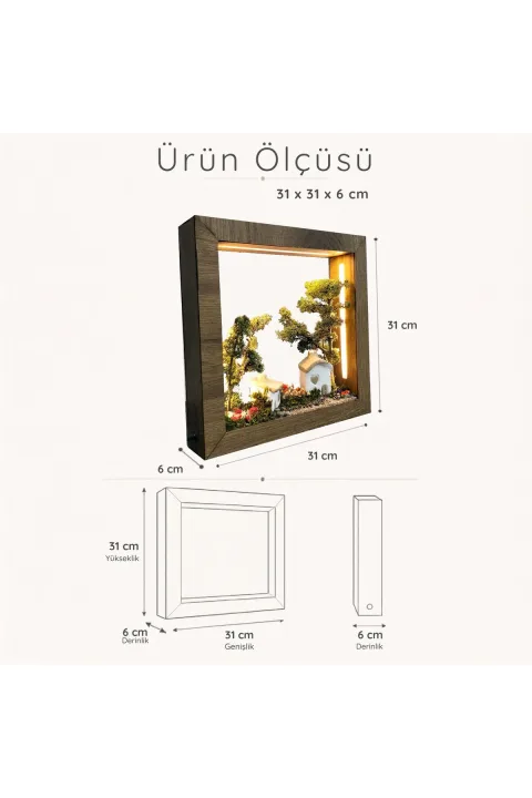 SC011 - Işıklı Dekoratif Çerçeve Açık Arka Planlı Bahçe Evli El Yapımı LED Diorama 31x31x6 cm - ölçü ve ebat bilgisi
