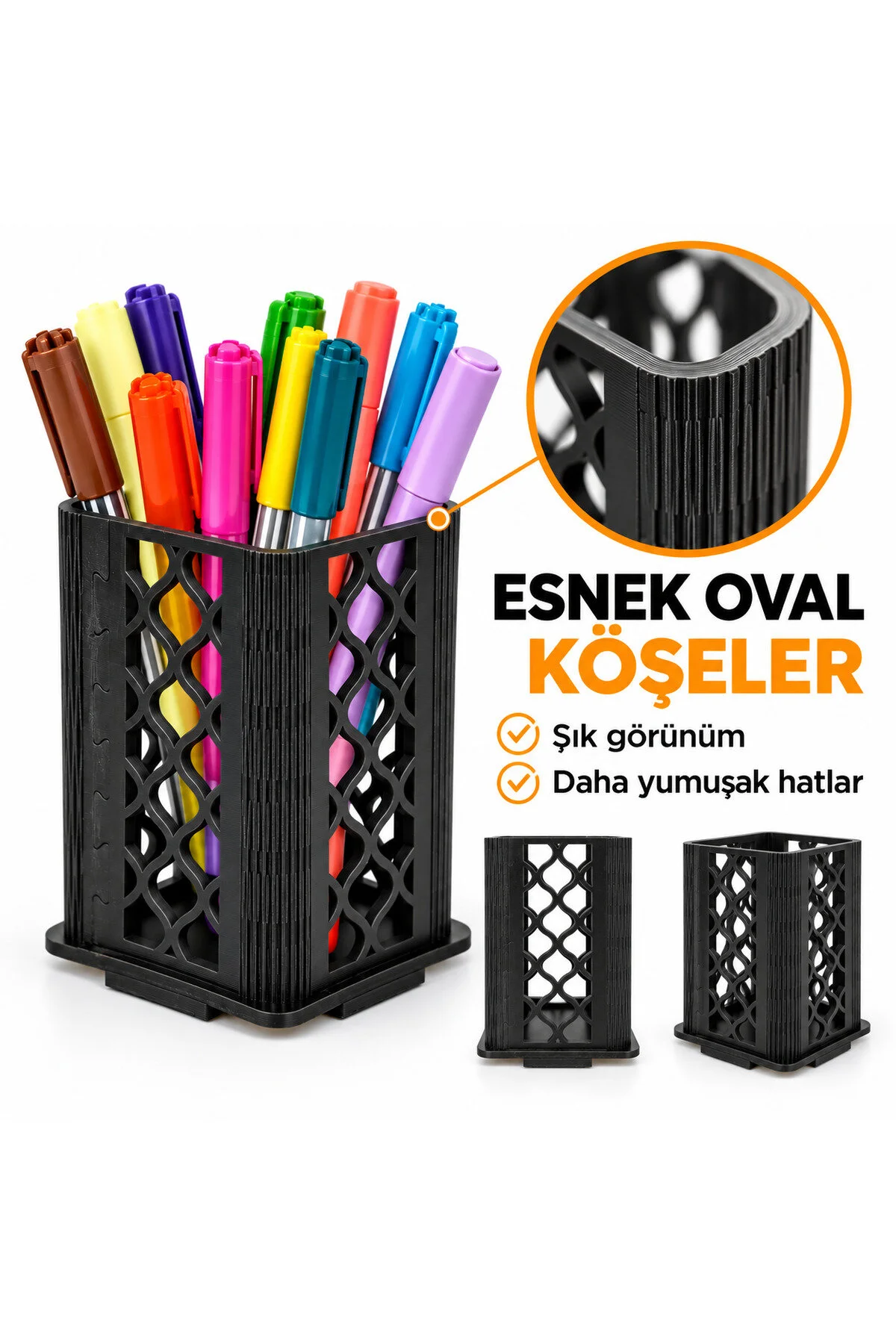 MD-KK-002 - Esnek Oval Köşeli Siyah Masaüstü Kalemlik – Kalem ve Marker Organizeri - yan açı ve derinlik görünümü