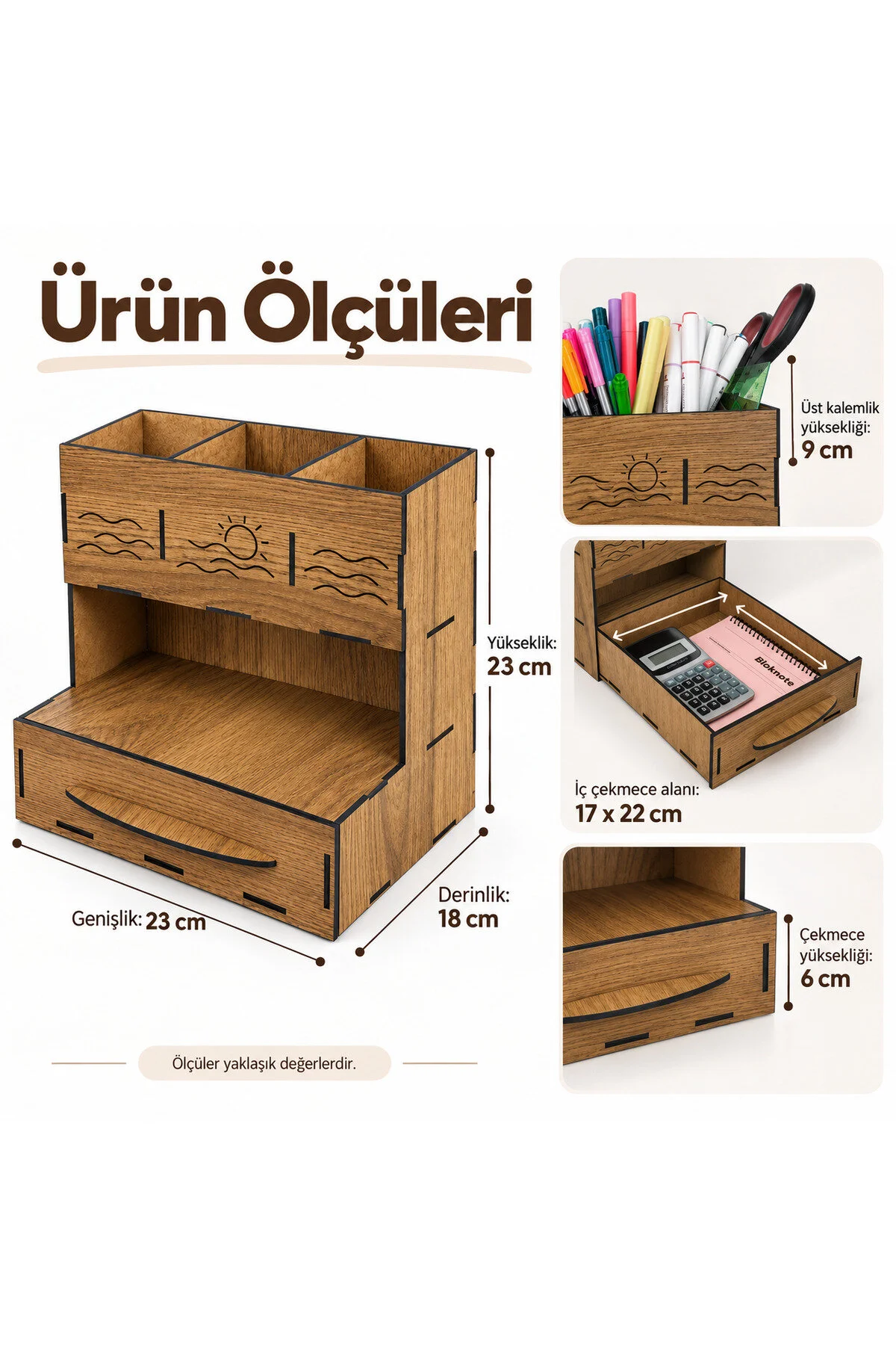 MD-MO-001 - Ahşap Desenli Çekmeceli Masaüstü Organizer – 3 Bölmeli Kalemlik ve Çok Amaçlı Düzenleyici - yakın plan malzeme ve tasarım detayı