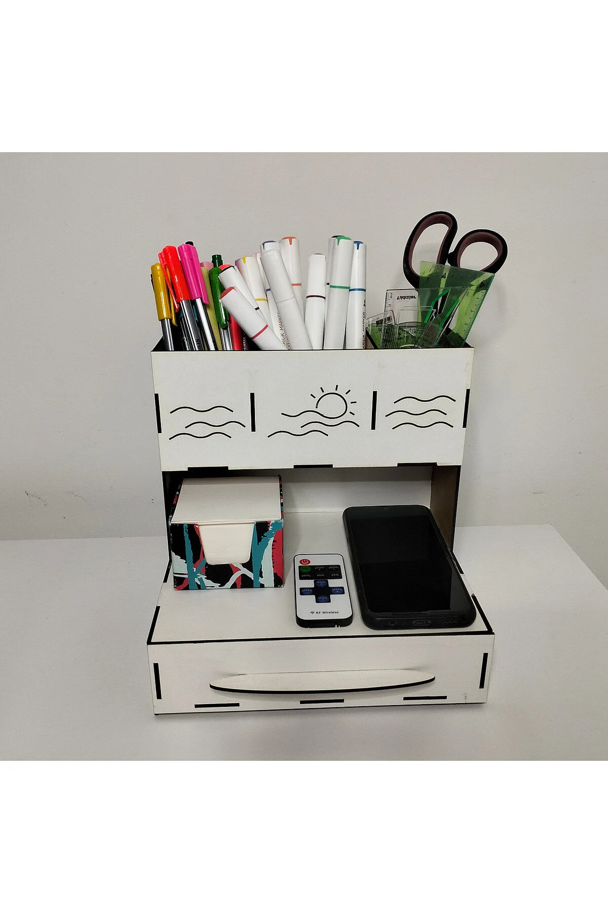 MD-MO-002 - Beyaz Çekmeceli Masaüstü Organizer – 3 Bölmeli Kalemlik ve Çok Amaçlı Düzenleyici - alternatif ürün görünümü
