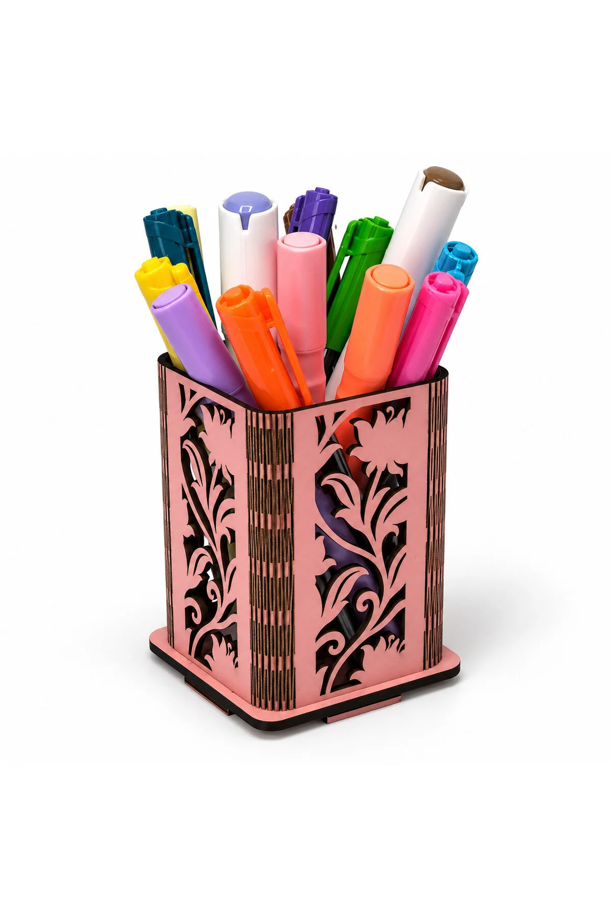 MD-KK-003 - Esnek Oval Köşeli Pembe Masaüstü Kalemlik – Çiçek Desenli Kalem ve Marker Düzenleyici - ürün kartı ana görseli