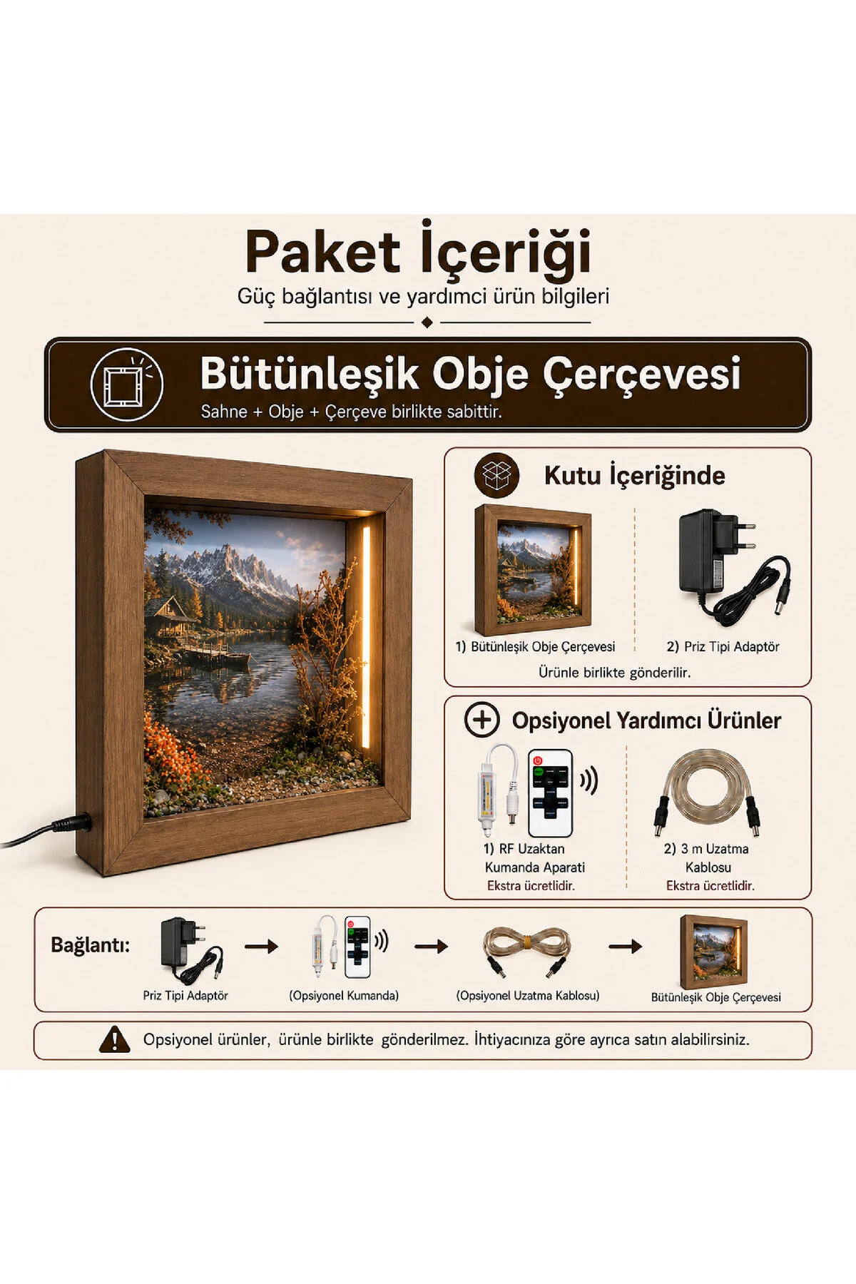 ED-DS-002 - Işıklı Dekoratif Çerçeve LED Göl Kenarı Dağ Evi El Yapımı Diorama Obje 38x38x8 cm - paket içeriği ve bağlantı bilgisi