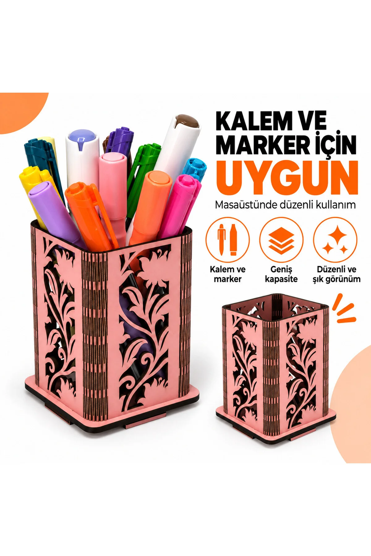 MD-KK-003 - Esnek Oval Köşeli Pembe Masaüstü Kalemlik – Çiçek Desenli Kalem ve Marker Düzenleyici - ölçü ve ebat bilgisi