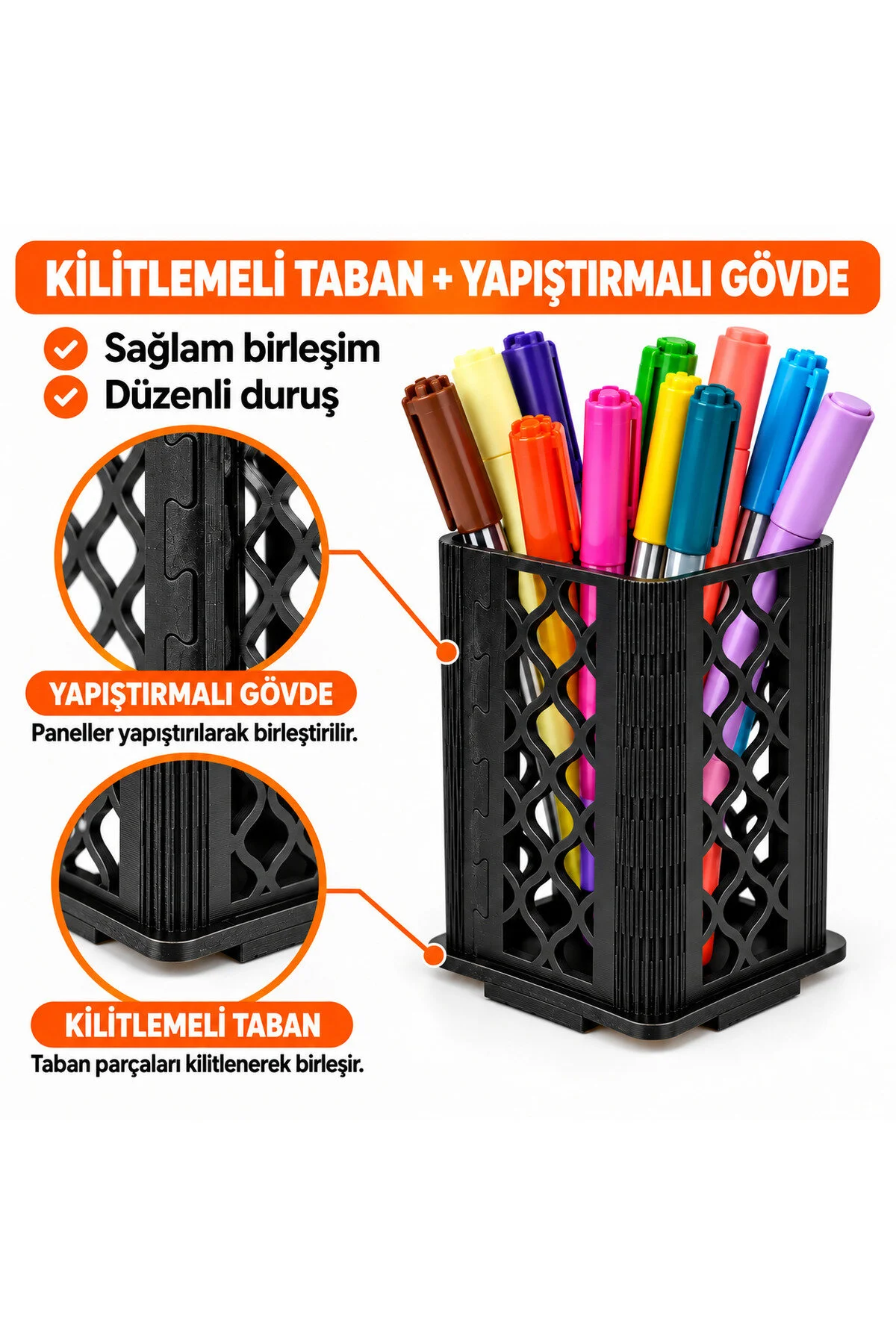 MD-KK-002 - Esnek Oval Köşeli Siyah Masaüstü Kalemlik – Kalem ve Marker Organizeri - yakın plan malzeme ve tasarım detayı