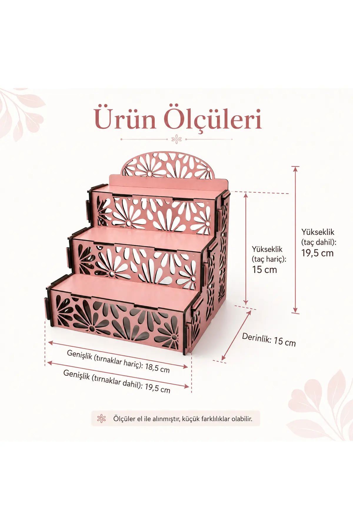 SK-OS-001 - 3 Kademeli Pembe Sergileme Standı – Masaüstü Düzenleyici - ölçü ve ebat bilgisi