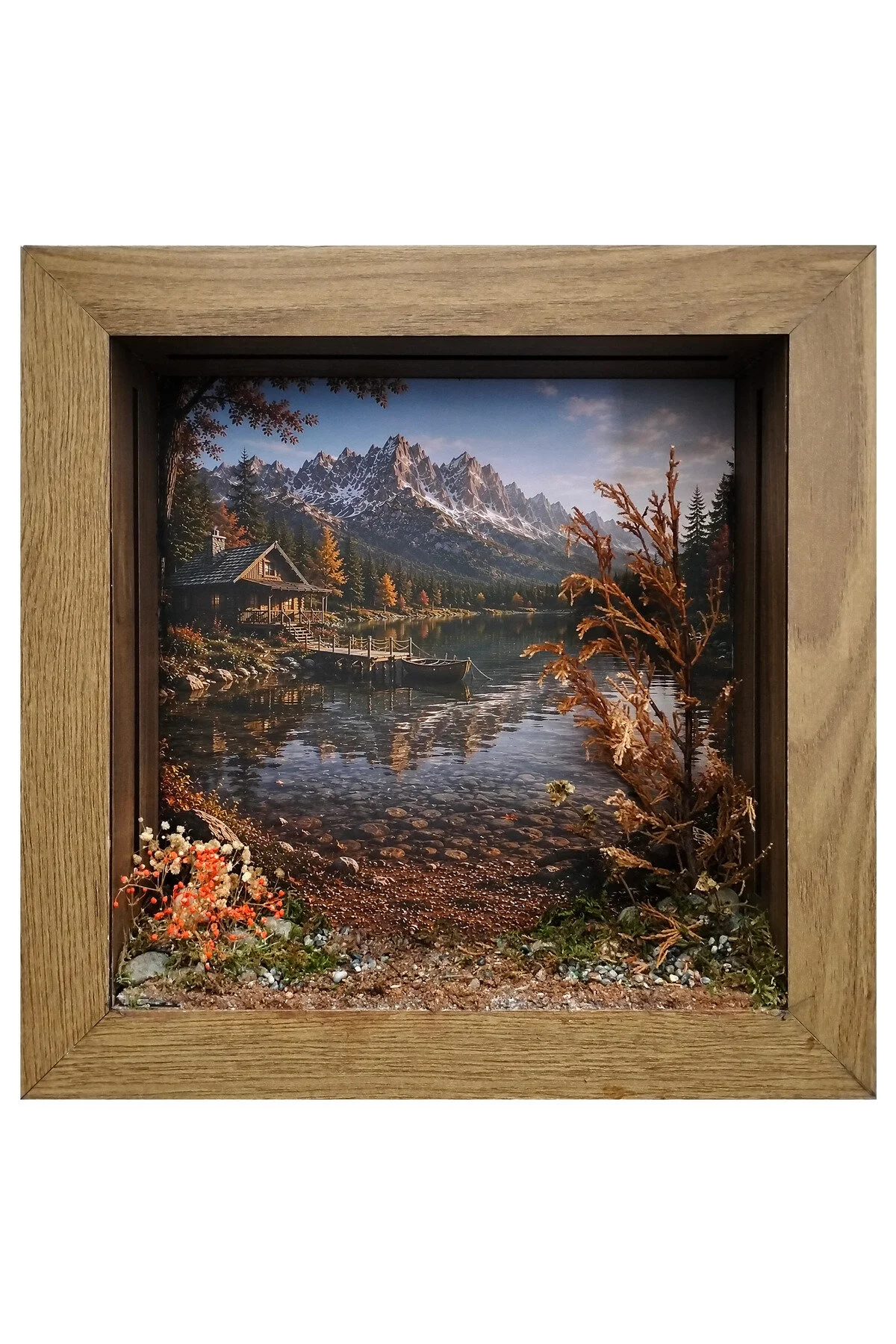 ED-DS-002 - Işıklı Dekoratif Çerçeve LED Göl Kenarı Dağ Evi El Yapımı Diorama Obje 38x38x8 cm - alternatif ürün görünümü