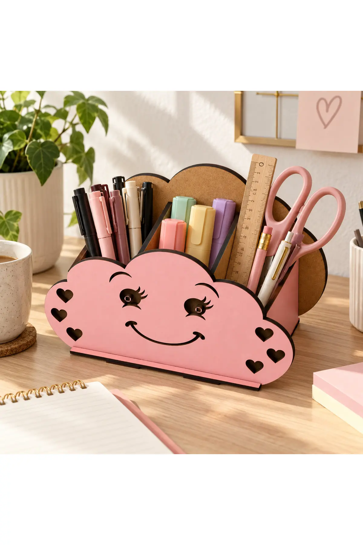 MD-KK-001 - Minik Bulut Kalemlik – 3 Bölmeli Pembe MDF Masaüstü Organizer - farklı kullanım alanları