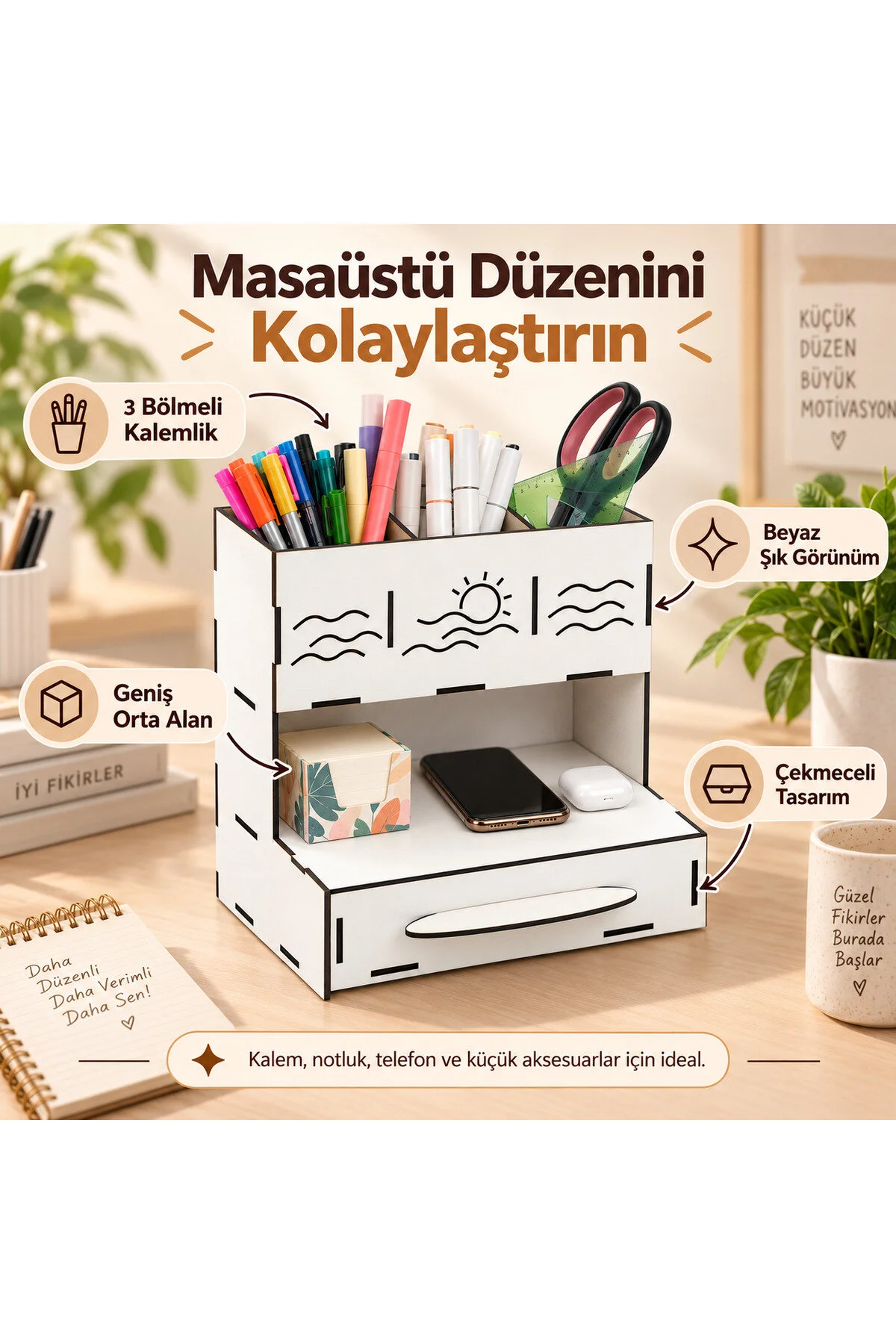 MD-MO-002 - Beyaz Çekmeceli Masaüstü Organizer – 3 Bölmeli Kalemlik ve Çok Amaçlı Düzenleyici - ölçü ve ebat bilgisi