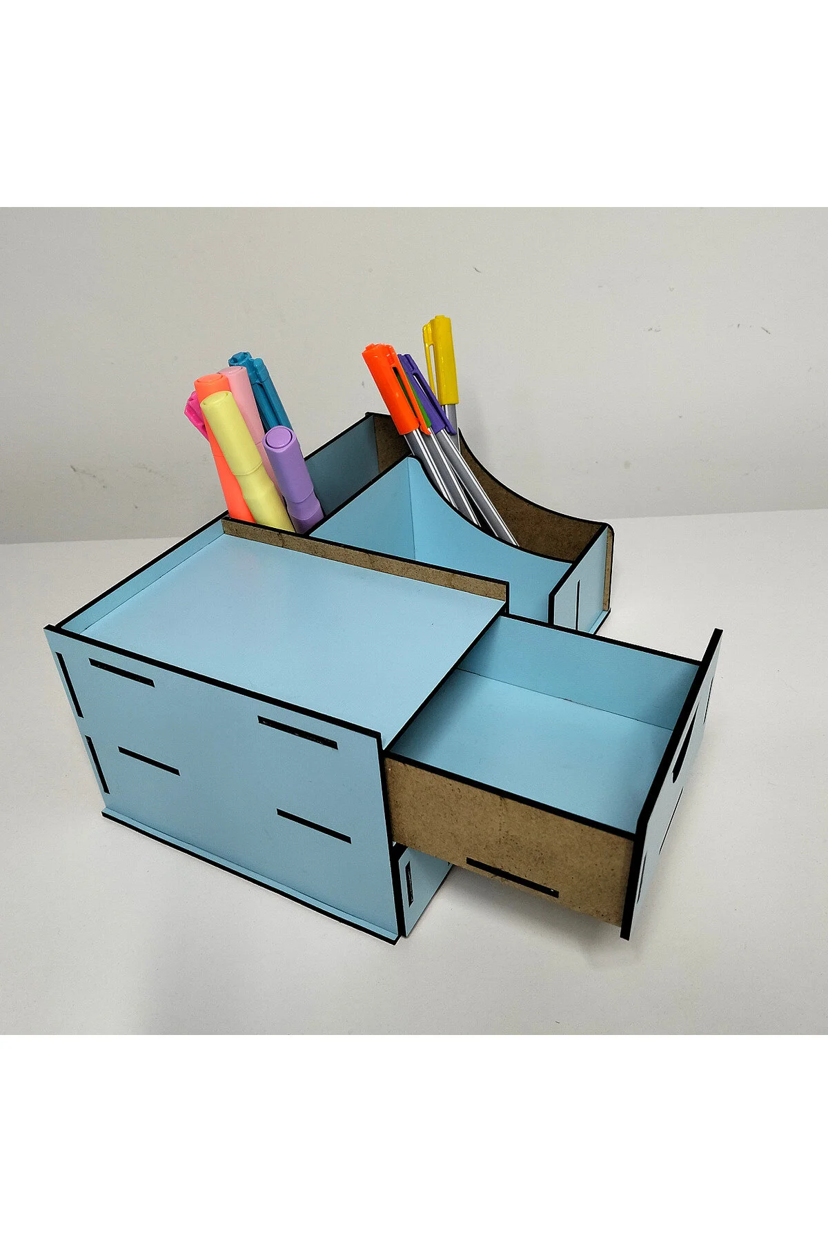 MD-MO-003 - 2 Çekmeceli Açık Mavi Masaüstü Organizer – Çok Bölmeli Kalemlik ve Masa Düzenleyici - paket içeriği ve bağlantı bilgisi