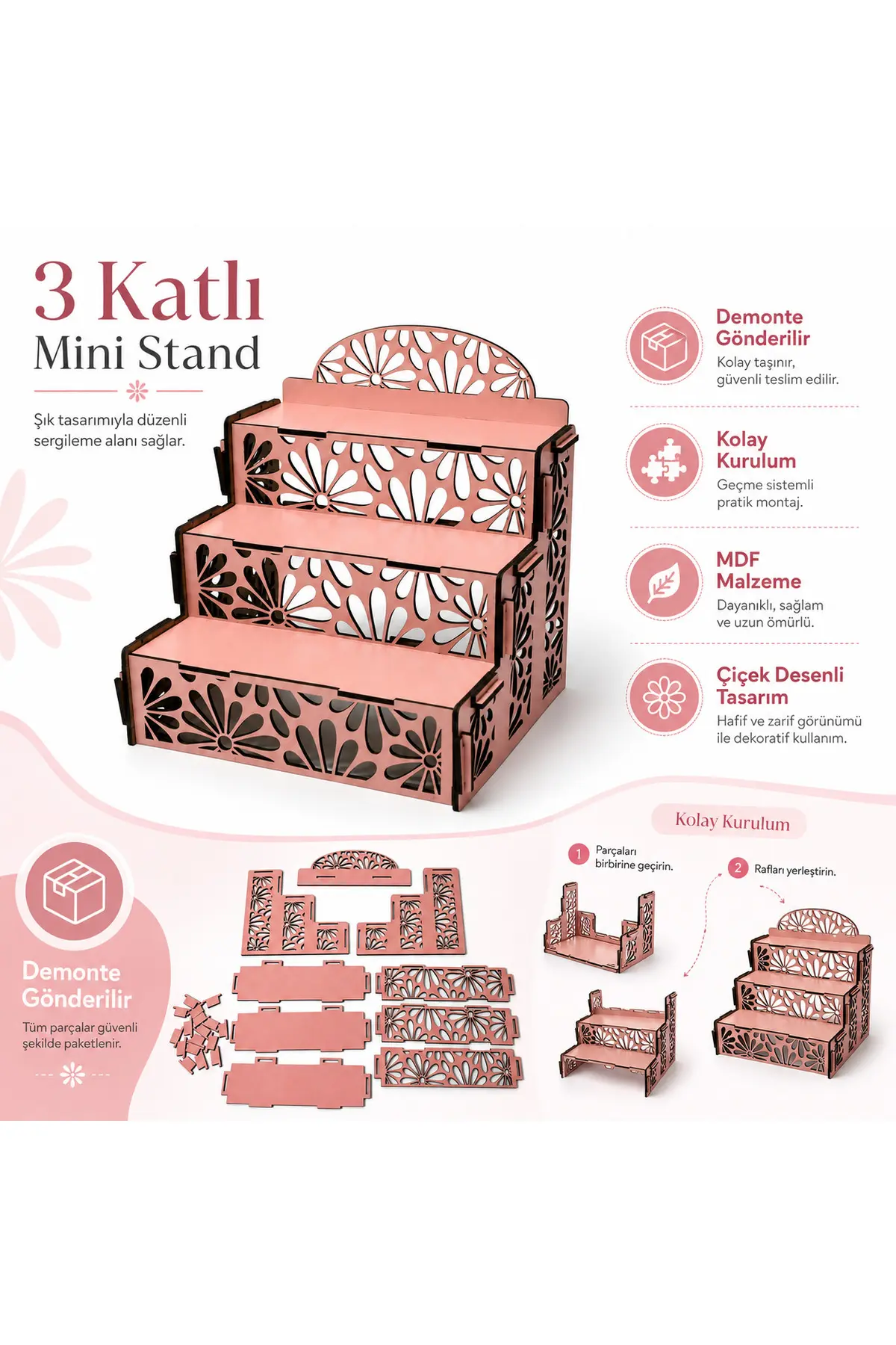 SK-OS-001 - 3 Kademeli Pembe Sergileme Standı – Masaüstü Düzenleyici - yan açı ve derinlik görünümü