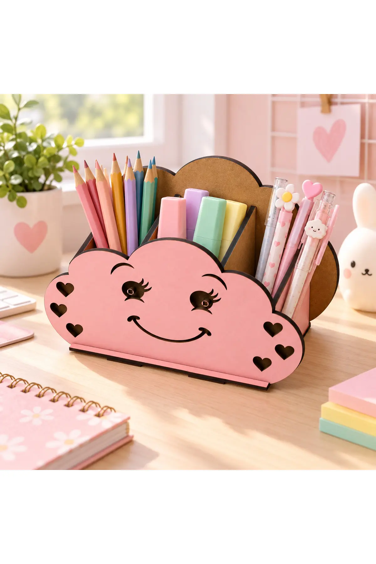 MD-KK-001 - Minik Bulut Kalemlik – 3 Bölmeli Pembe MDF Masaüstü Organizer - paket içeriği ve bağlantı bilgisi