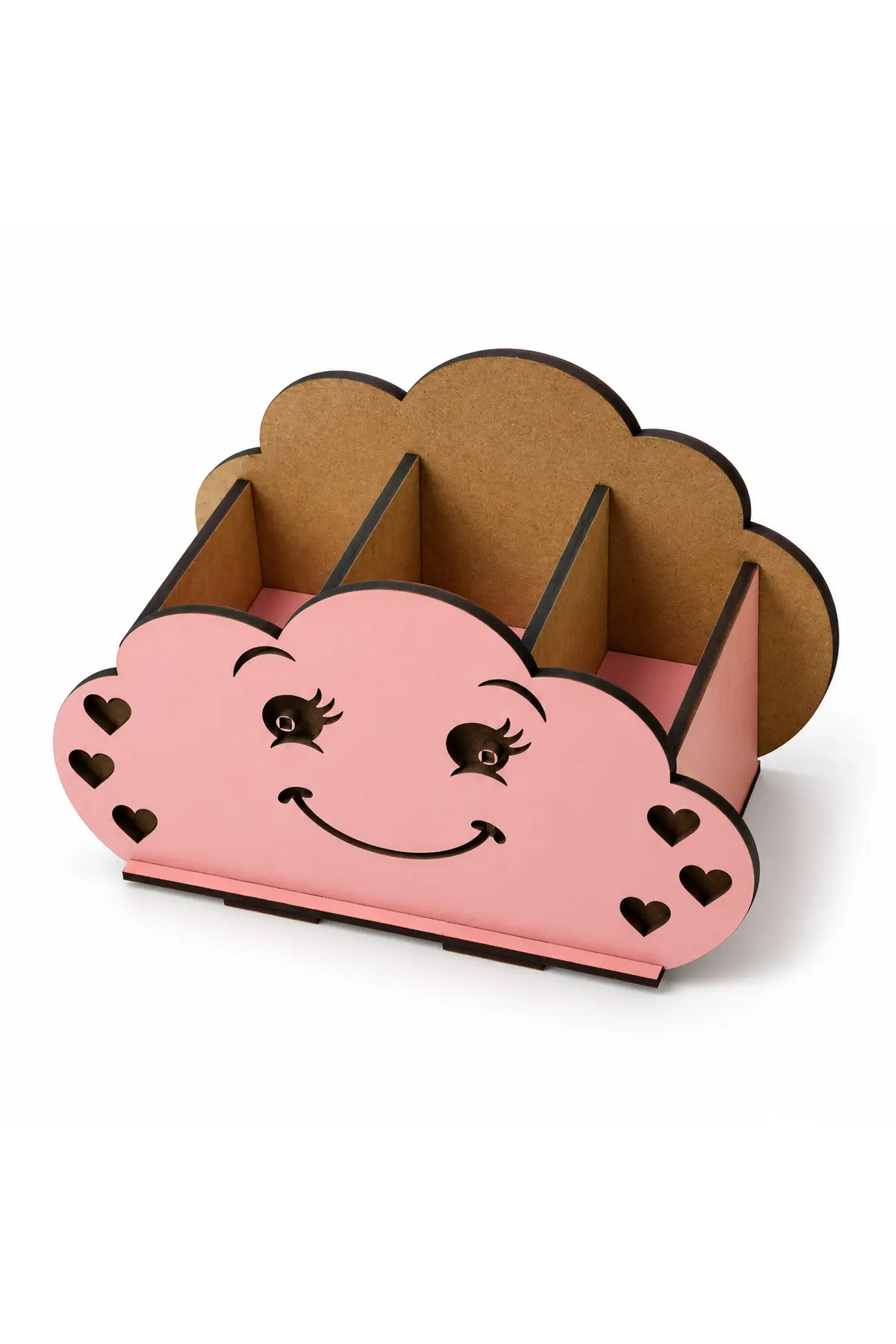 MD-KK-001 - Minik Bulut Kalemlik – 3 Bölmeli Pembe MDF Masaüstü Organizer - yakın plan malzeme ve tasarım detayı