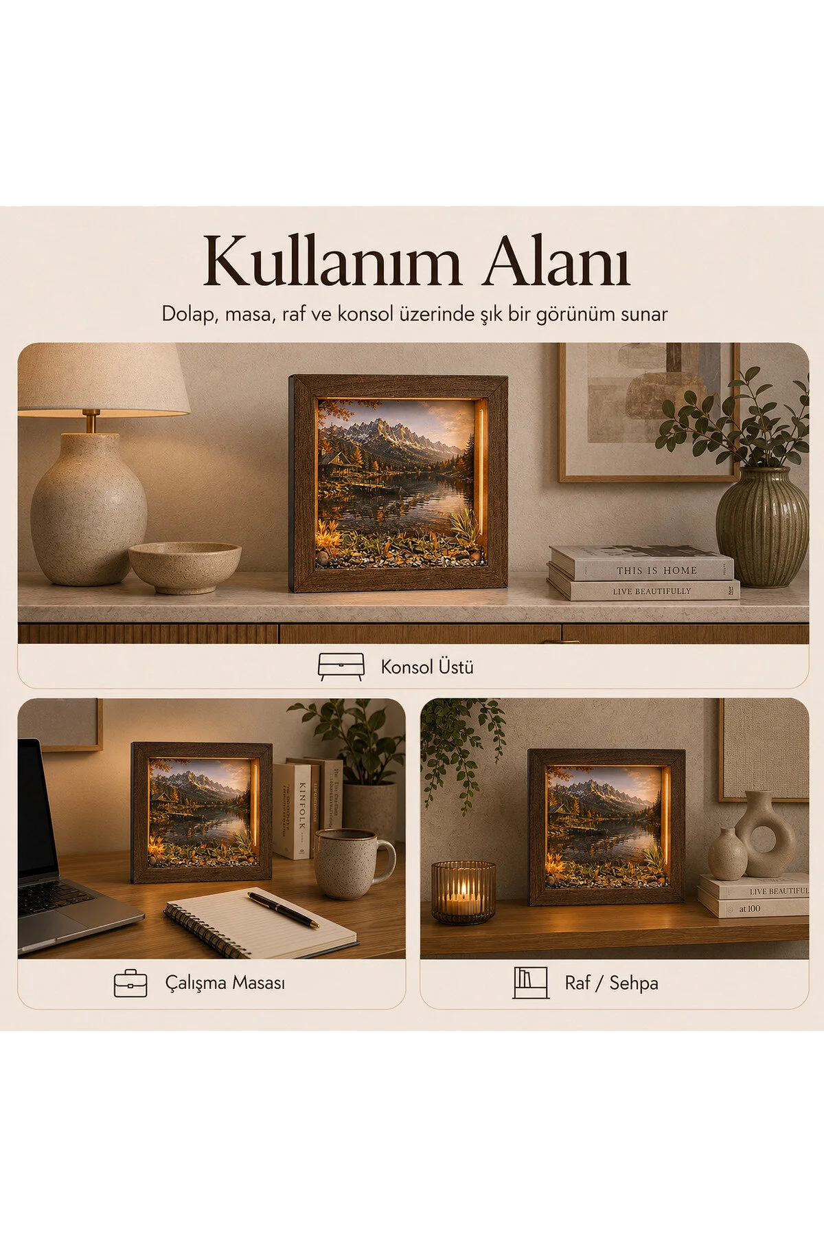 ED-DS-004 - Işıklı Dekoratif Çerçeve LED Sonbahar Dağ Gölü El Yapımı Diorama Obje 25x25x5 cm - farklı kullanım alanları