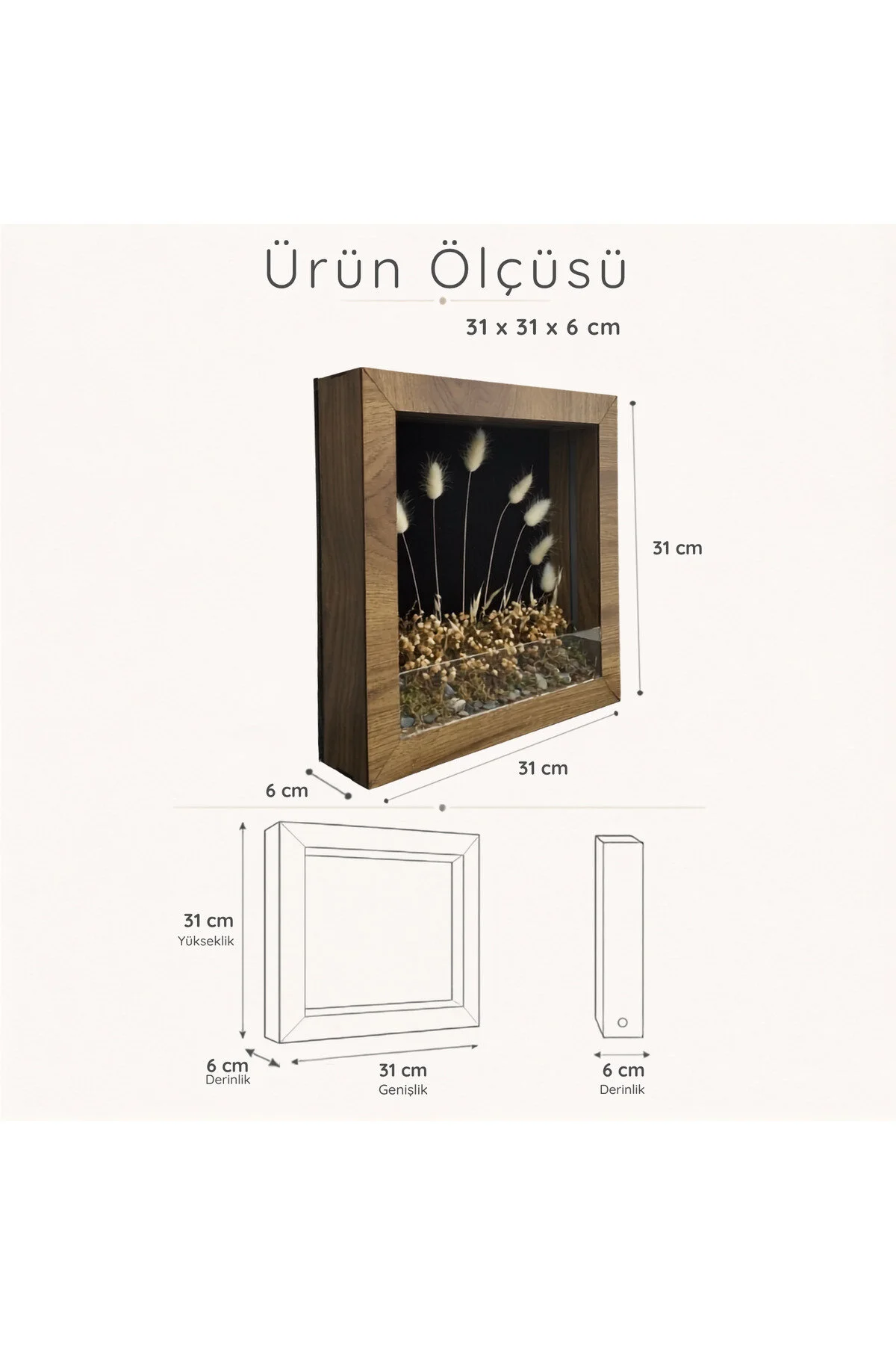 ED-DS-009 - Işıklı Dekoratif Çerçeve LED Siyah Fon Beyaz Kuru Bitki El Yapımı Botanik Obje 31x31x6 cm - ölçü ve ebat bilgisi
