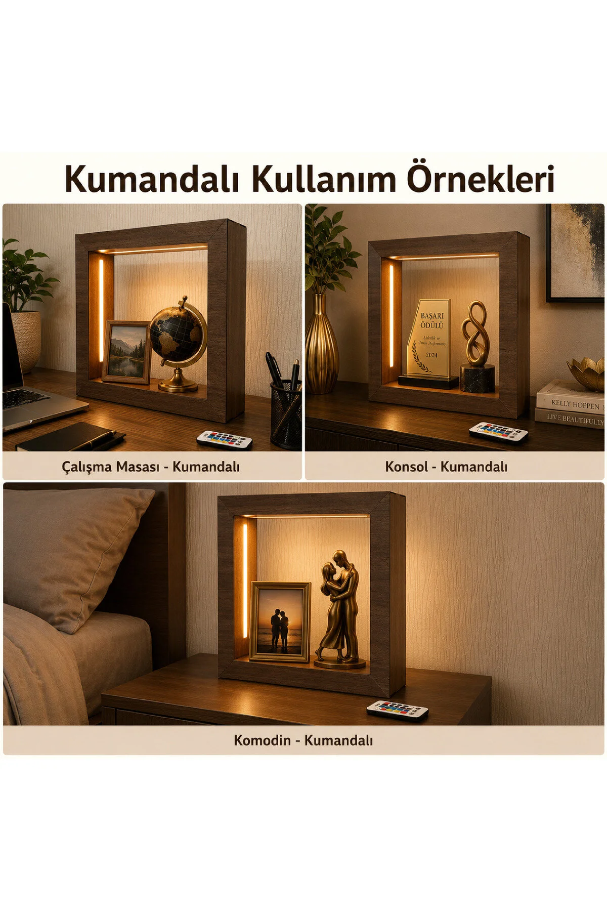 ED-DC-003 - Koyu Meşe Desenli S Boy Kumandalı İçi Boş LED Obje Sergileme Çerçevesi - farklı kullanım alanları