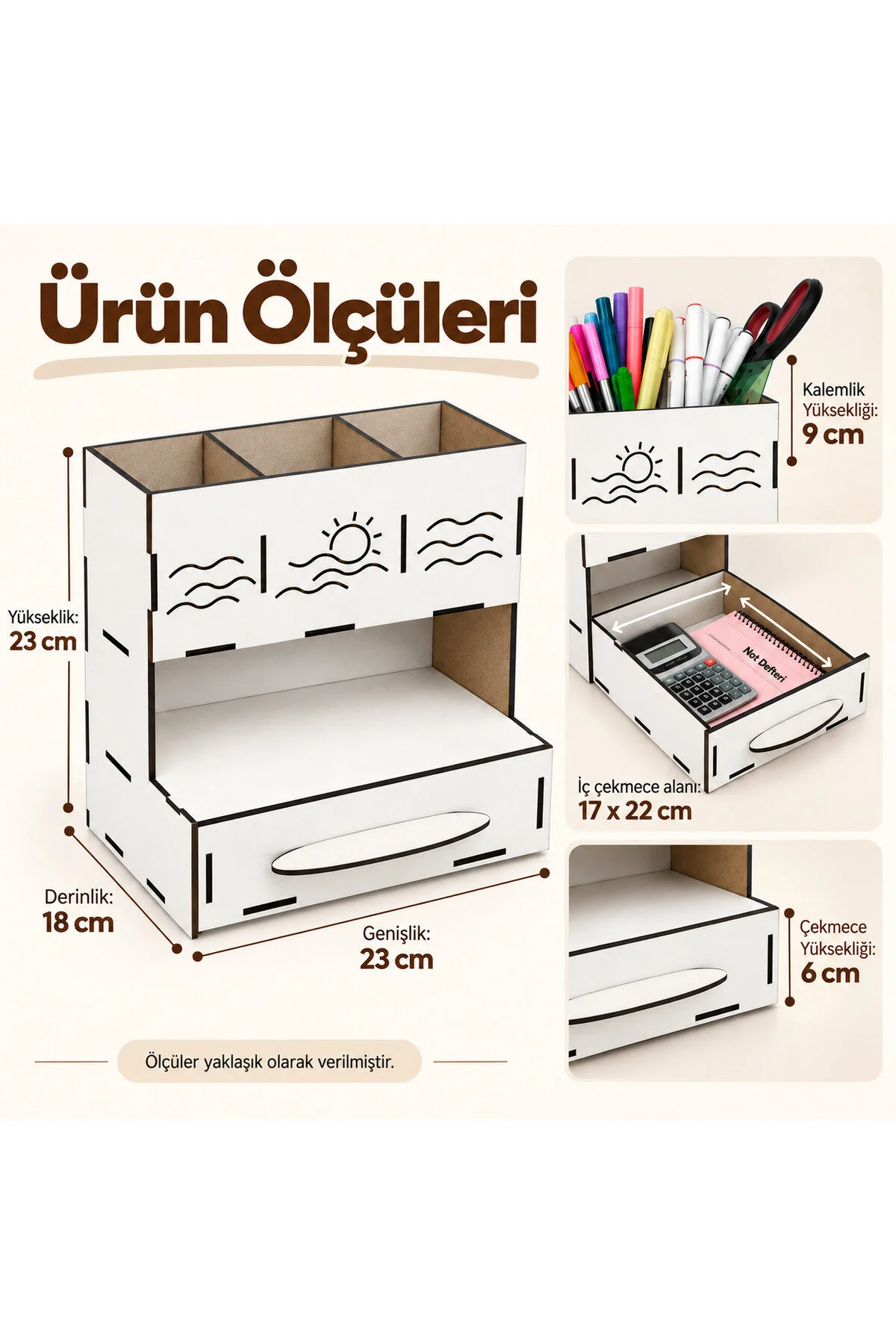 MD-MO-002 - Beyaz Çekmeceli Masaüstü Organizer – 3 Bölmeli Kalemlik ve Çok Amaçlı Düzenleyici - dekorasyonda kullanım görünümü