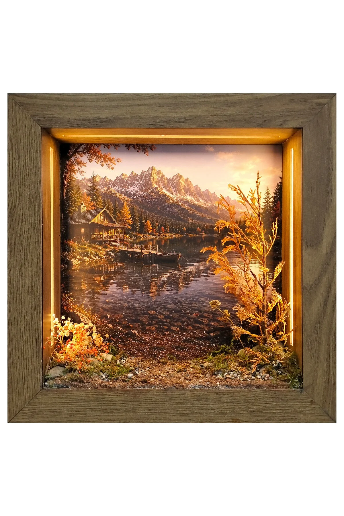 SC002 - Işıklı Dekoratif Çerçeve LED Göl Kenarı Dağ Evi El Yapımı Diorama Obje 38x38x8 cm - el yapımı LED diorama çerçevesi ana görünümü