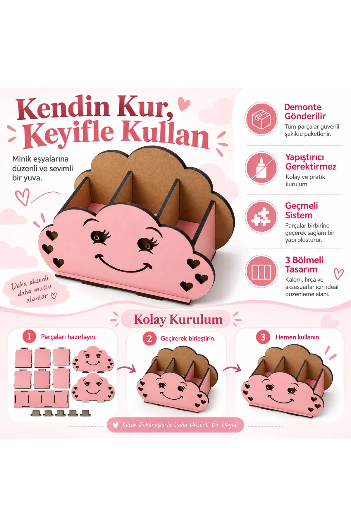 MD-KK-001 - Minik Bulut Kalemlik – 3 Bölmeli Pembe MDF Masaüstü Organizer - ölçü ve ebat bilgisi