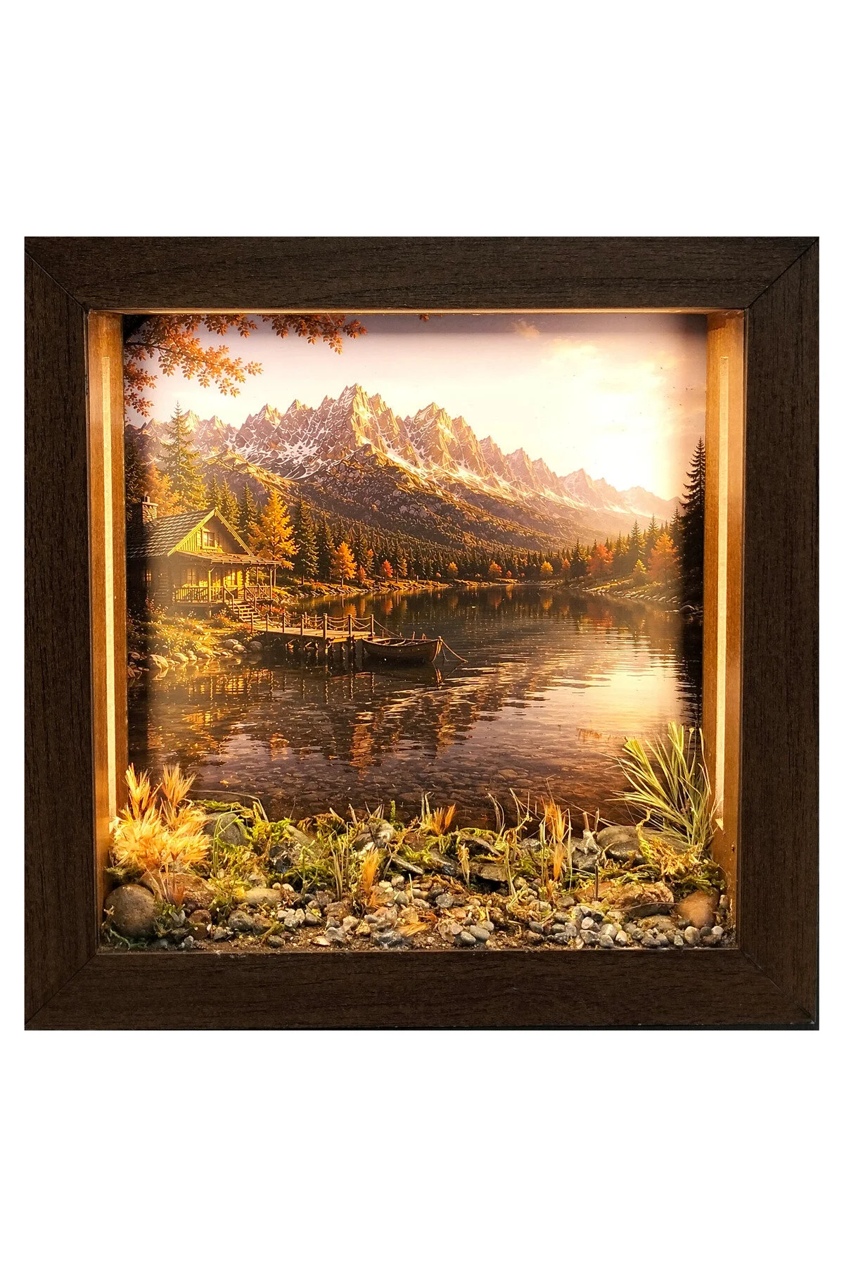 SC004 - Işıklı Dekoratif Çerçeve LED Sonbahar Dağ Gölü El Yapımı Diorama Obje 25x25x5 cm - el yapımı LED diorama çerçevesi ana görünümü