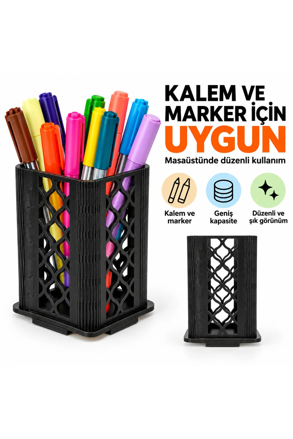 MD-KK-002 - Esnek Oval Köşeli Siyah Masaüstü Kalemlik – Kalem ve Marker Organizeri - ölçü ve ebat bilgisi