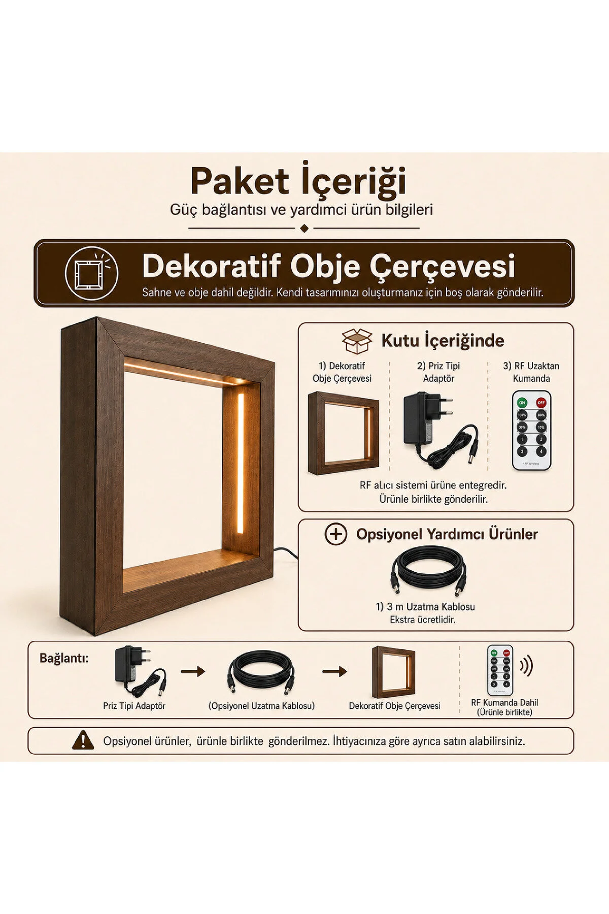 ED-DC-003 - Koyu Meşe Desenli S Boy Kumandalı İçi Boş LED Obje Sergileme Çerçevesi - paket içeriği ve bağlantı bilgisi