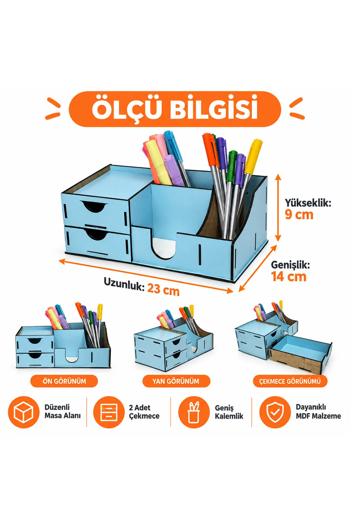 MD-MO-003 - 2 Çekmeceli Açık Mavi Masaüstü Organizer – Çok Bölmeli Kalemlik ve Masa Düzenleyici - dekorasyonda kullanım görünümü