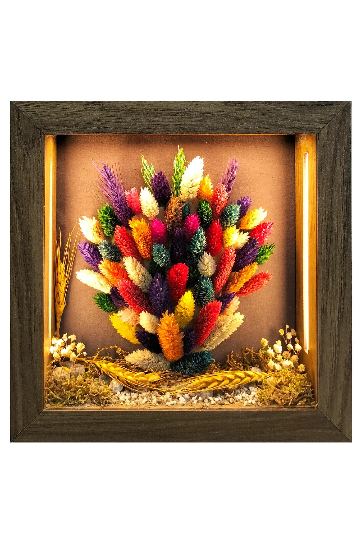 SC008 - Işıklı Dekoratif Çerçeve LED Renkli Kuru Çiçek El Yapımı Botanik Obje 25x25x5 cm - el yapımı LED diorama çerçevesi ana görünümü