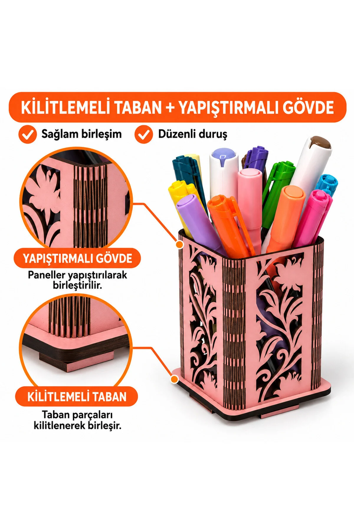 MD-KK-003 - Esnek Oval Köşeli Pembe Masaüstü Kalemlik – Çiçek Desenli Kalem ve Marker Düzenleyici - yakın plan malzeme ve tasarım detayı