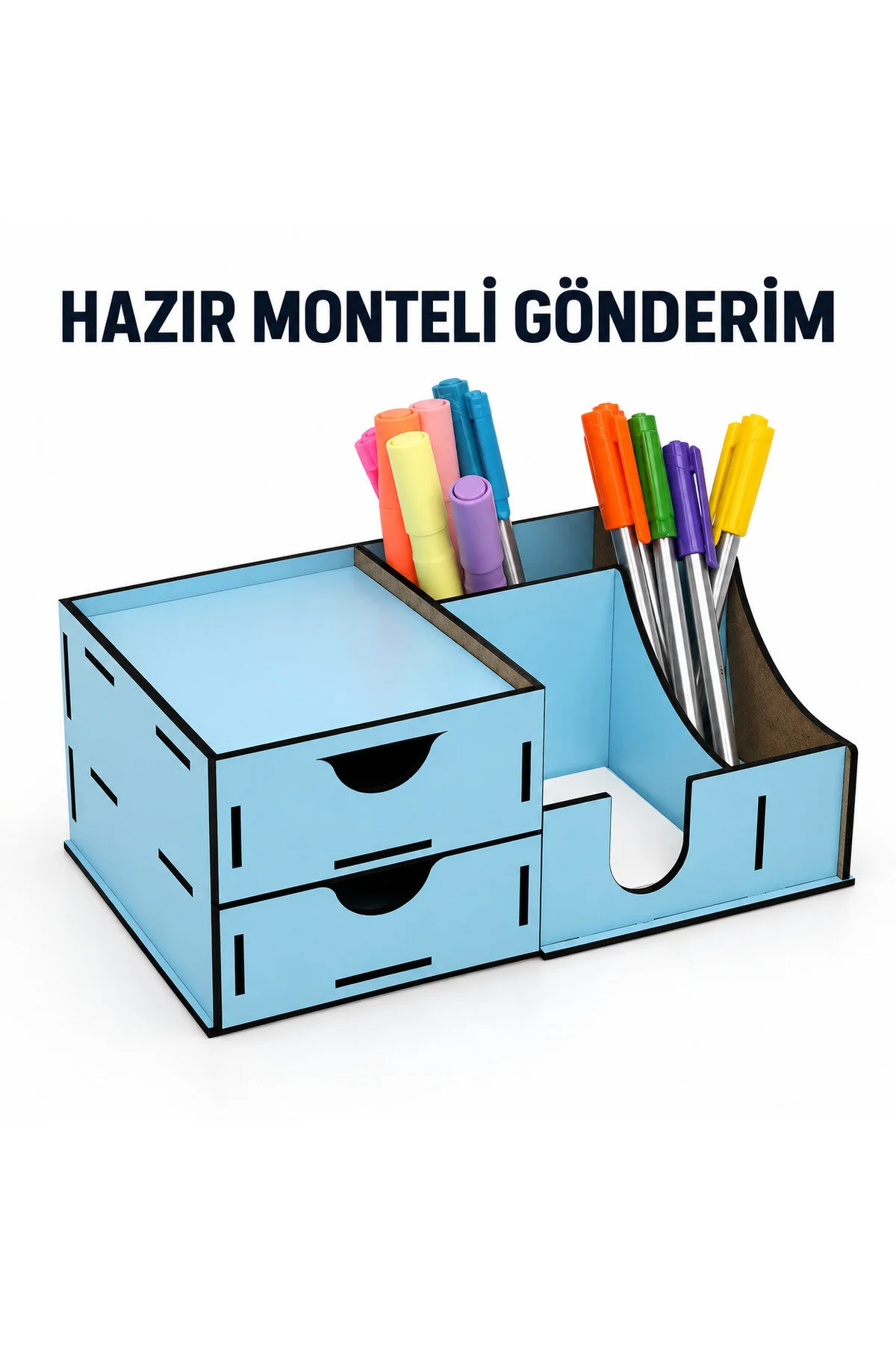 MD-MO-003 - 2 Çekmeceli Açık Mavi Masaüstü Organizer – Çok Bölmeli Kalemlik ve Masa Düzenleyici - farklı kullanım alanları