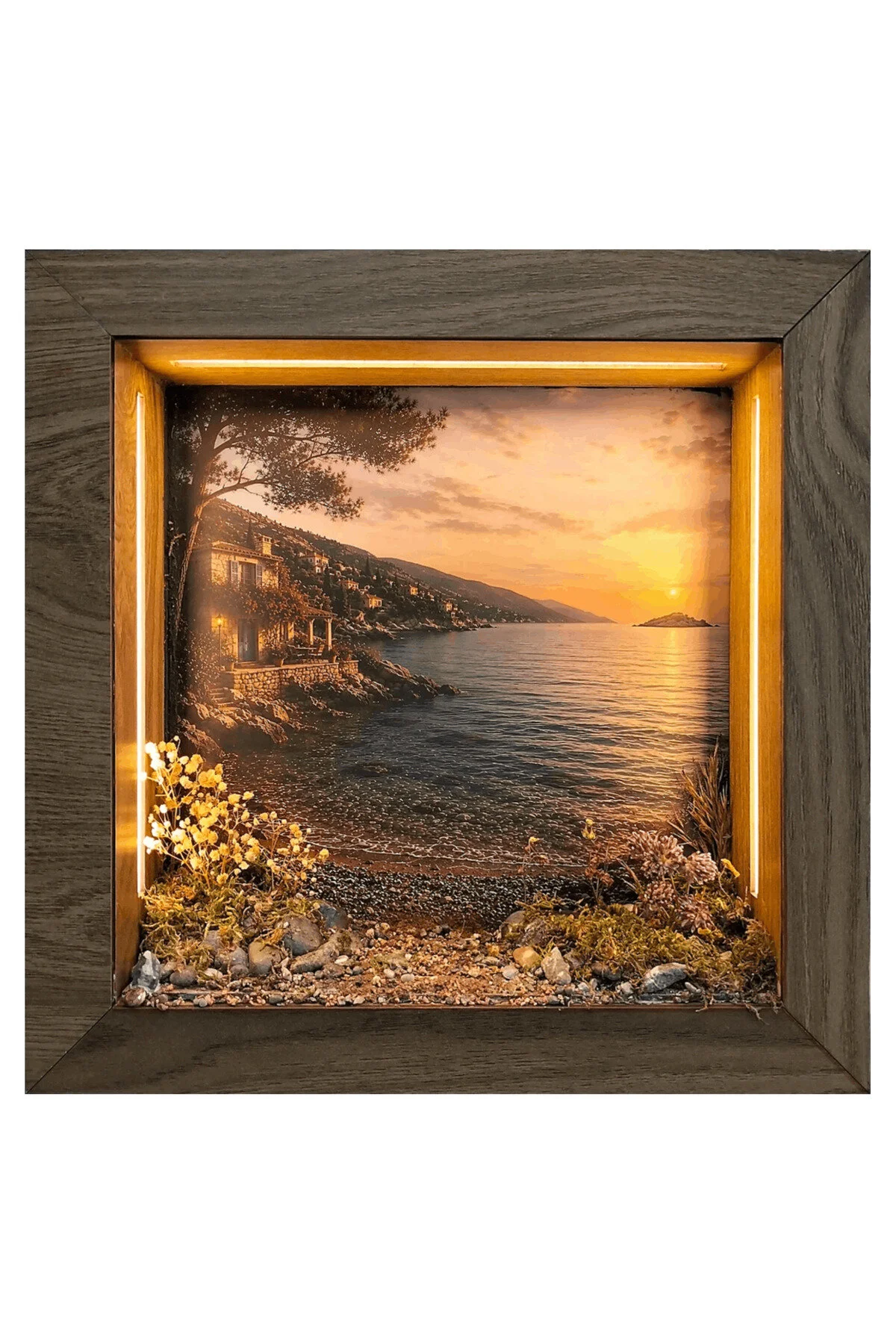 SC001 - Işıklı Dekoratif Çerçeve LED Sahilde Gün Batımı El Yapımı Diorama Obje 38x38x8 cm - el yapımı LED diorama çerçevesi ana görünümü