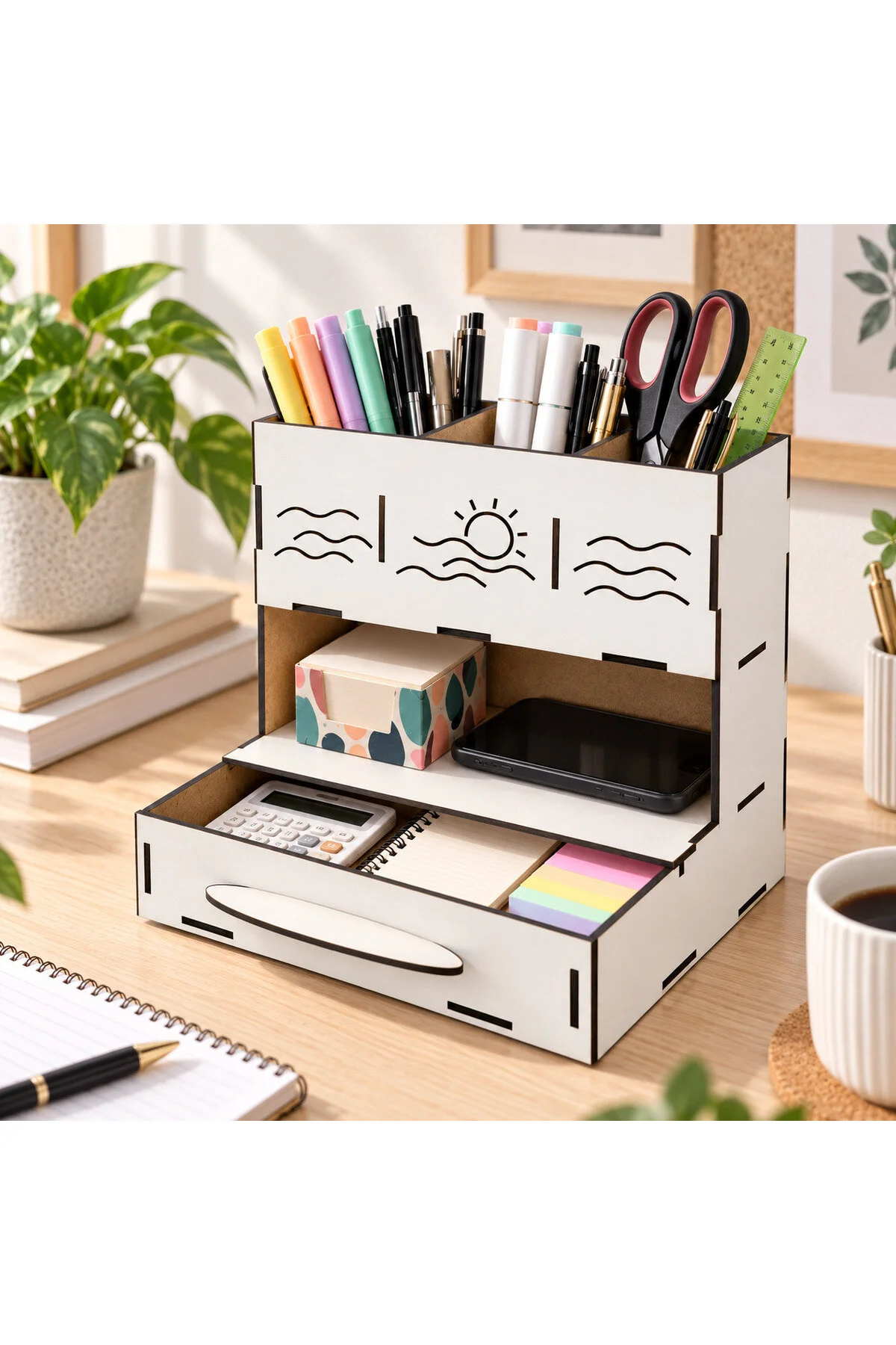 MD-MO-002 - Beyaz Çekmeceli Masaüstü Organizer – 3 Bölmeli Kalemlik ve Çok Amaçlı Düzenleyici - yan açı ve derinlik görünümü