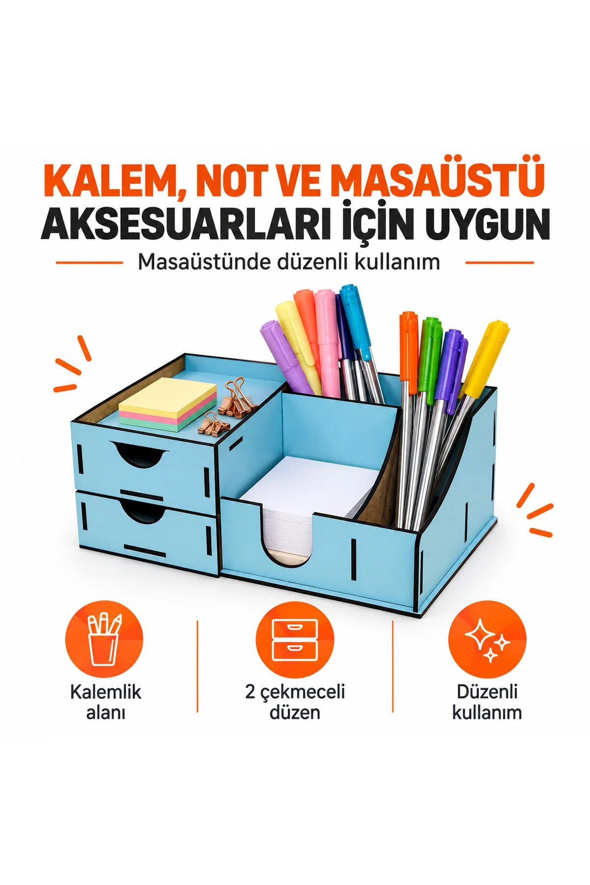 MD-MO-003 - 2 Çekmeceli Açık Mavi Masaüstü Organizer – Çok Bölmeli Kalemlik ve Masa Düzenleyici - ölçü ve ebat bilgisi