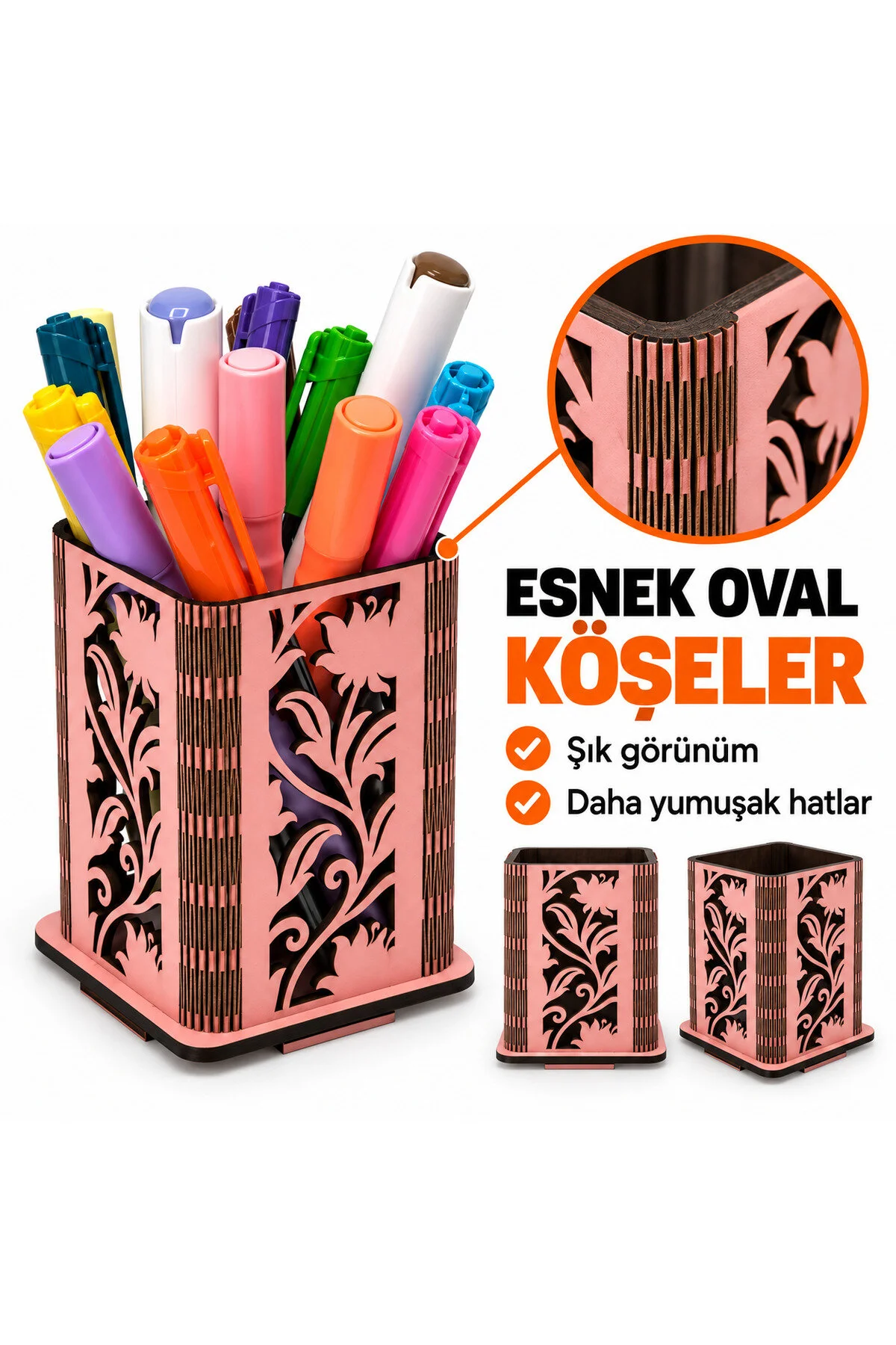 MD-KK-003 - Esnek Oval Köşeli Pembe Masaüstü Kalemlik – Çiçek Desenli Kalem ve Marker Düzenleyici - yan açı ve derinlik görünümü