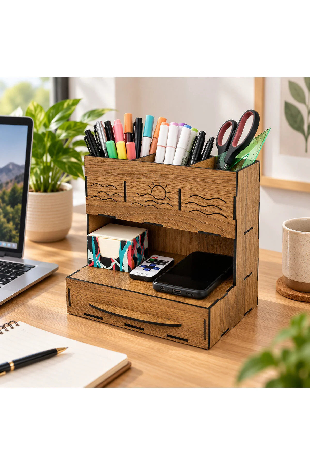 MD-MO-001 - Ahşap Desenli Çekmeceli Masaüstü Organizer – 3 Bölmeli Kalemlik ve Çok Amaçlı Düzenleyici - paket içeriği ve bağlantı bilgisi