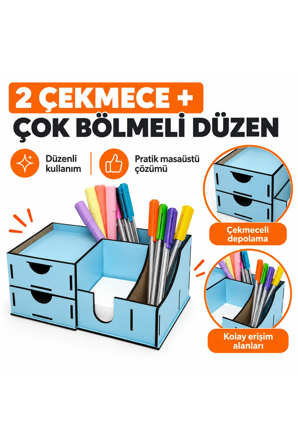 MD-MO-003 - 2 Çekmeceli Açık Mavi Masaüstü Organizer – Çok Bölmeli Kalemlik ve Masa Düzenleyici - yakın plan malzeme ve tasarım detayı