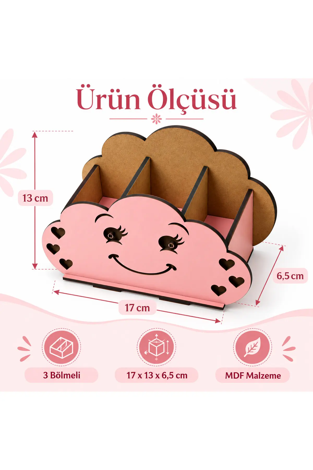 MD-KK-001 - Minik Bulut Kalemlik – 3 Bölmeli Pembe MDF Masaüstü Organizer - yan açı ve derinlik görünümü